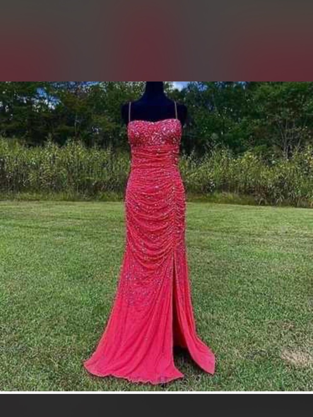Cache Fuchsia Beaded Spaghetti-Strap Prom Gown